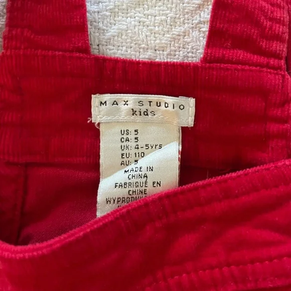 Max Studio Kids Red Corduroy Overalls Dress with Apple Accents - Picture 6 of 6